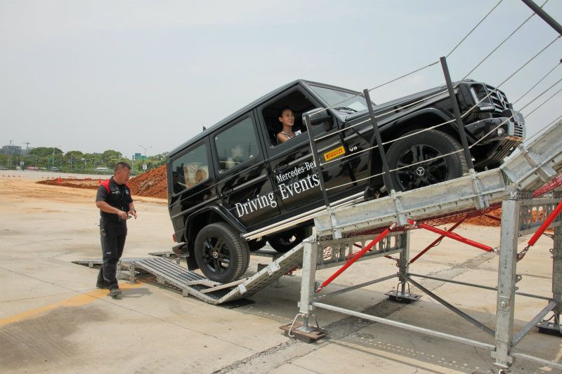 克服高落差路面後，便要開始進行45度角，也就是100％斜坡的項目，圖中也可看出G-Class擁有的高離去角度。