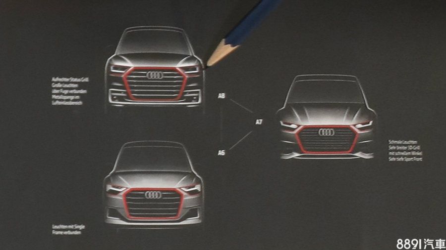 設計草圖上的A6、A7、A8均擁有更方正厚實的車頭造型，家族化盾形水箱護罩獲得放大，並強化其輪廓，搭配導入新式樣LED照明的銳利頭燈組，氣勢更上一層。