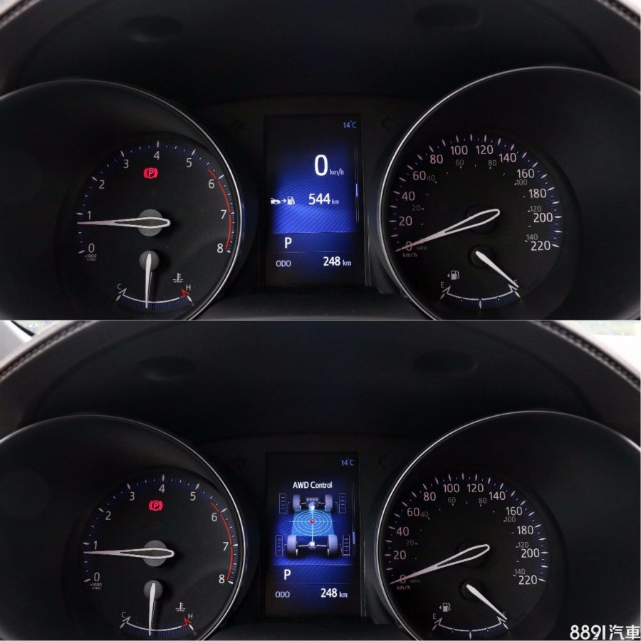 三款車型都具備全彩儀表資訊幕，配色雖簡單，但有效助於閱讀的辨識度，在頂配的尊爵四輪驅動版本，還可顯示四驅系統的做動資訊。