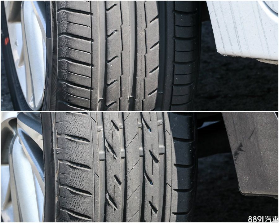上方為BluEarth ES32、下方則是Nextry,均為左前輪,兩條胎經過眾家媒體激烈的繞錐之後,可以清楚看出BluEarth ES32胎面異常磨損造成跳花的情形較輕微。