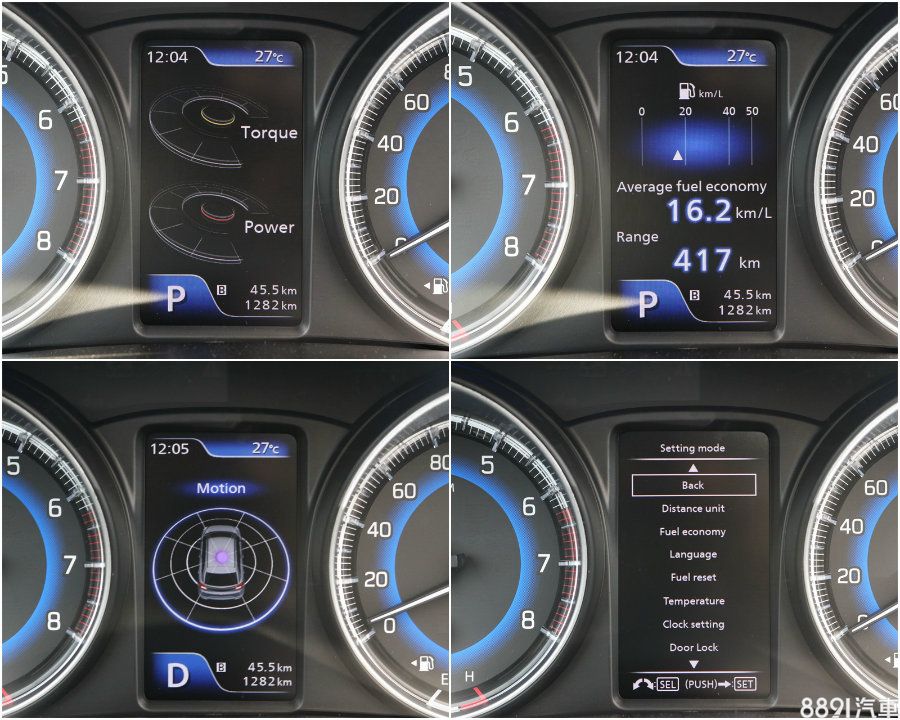 中央多功能顯示幕的內容，比自家高一階的Vitara還豐富，除各式油耗顯示資訊之外，還有馬力與扭力輸出狀態、車身G值反應，唯一可惜的便是無中文顯示。