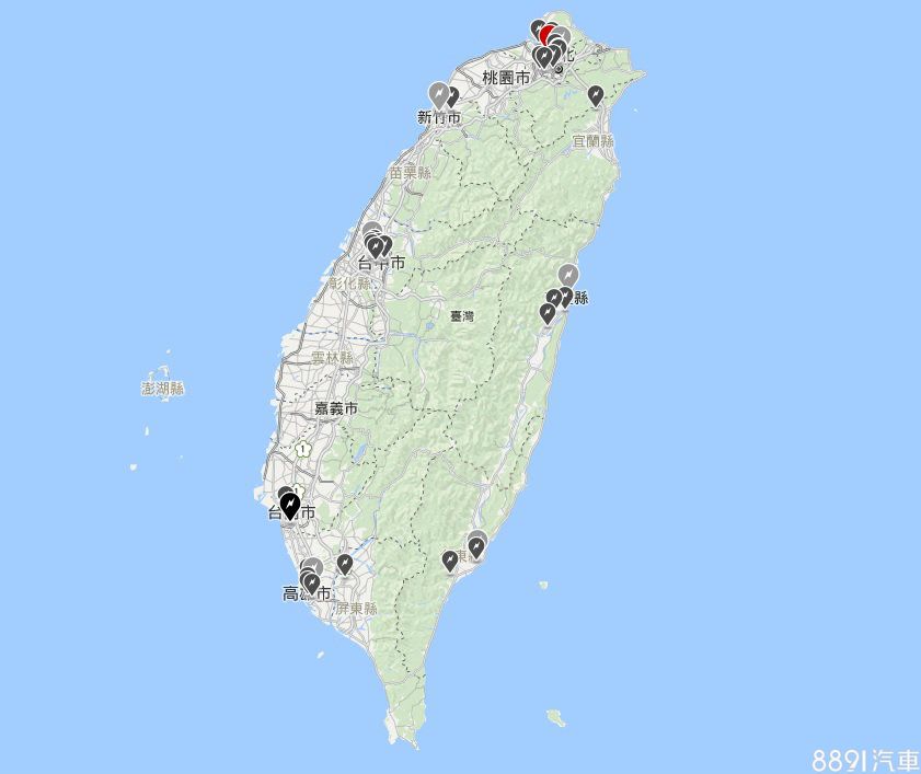 圖為Tesla台灣目前的充電站位置分布圖，其中包含即將建設完成的新充電站地點。