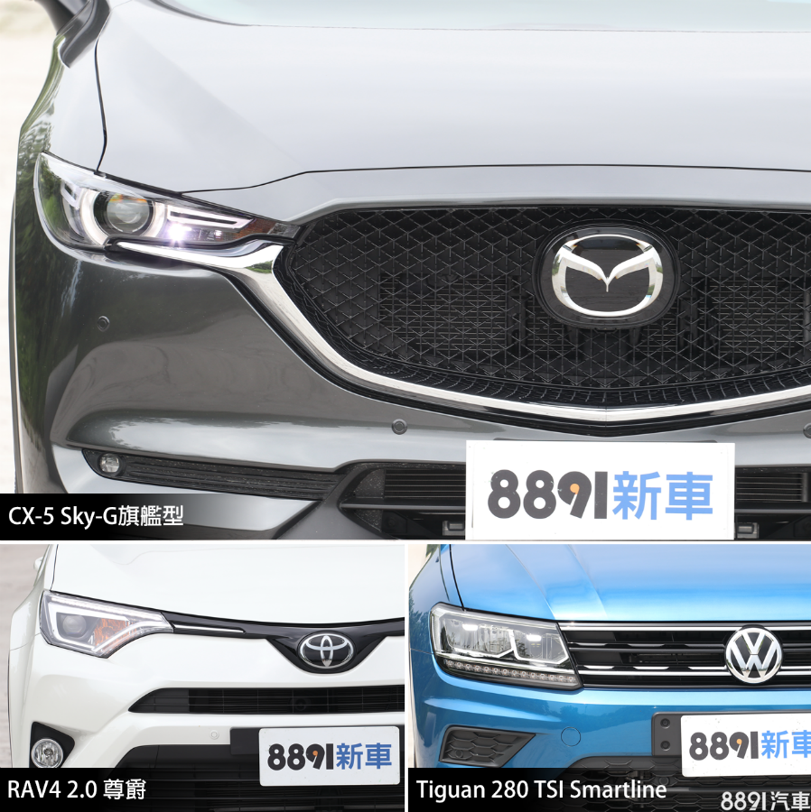 三款車大燈為目前流行的LED頭燈，論外觀造型，個人覺得RAV4最有設計感，且價格表現上也優秀，僅以14470元的價位，領先CX-5的24590元、Tiguan的20145元，不過CX-5的頭燈技術還多擁有轉向輔助功能，科技功能性較優秀些，Tiguan則就普通一般，就看車主如何取捨