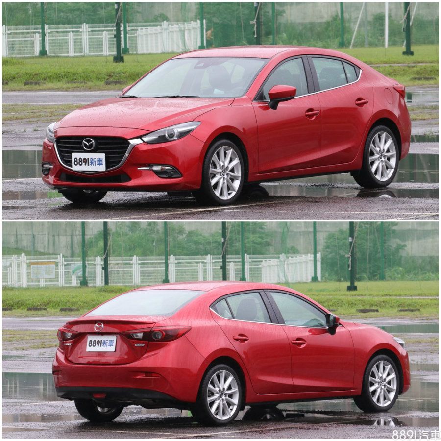 比較起來，Mazda 3在外型設計上口味顯得更為年輕，狹長的頭燈燈組配上凹凸有致的車身折線，車尾還有明顯隆起的小鴨尾設計，呈現出較強烈的運動感氛圍，其78.9萬的尊榮進化版外觀配備也算符合一般水準，配有16吋鋁圈、電動摺疊後視鏡。（此為旗艦型示意圖）