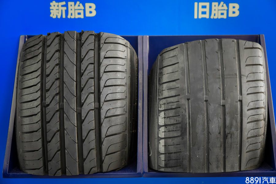 此為現場展示的競品胎,可清楚看出使用一定里程後,排水紋減少許多,必然影響濕地性能。